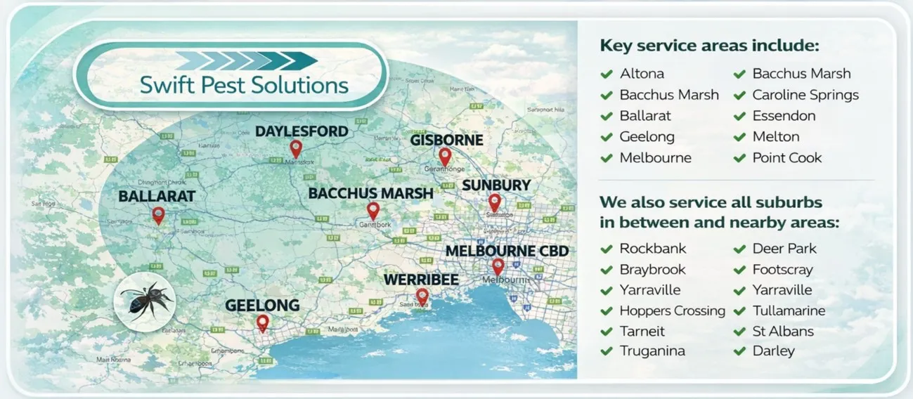 Pest control service area across western Melbourne including Melbourne and surrounding suburbs